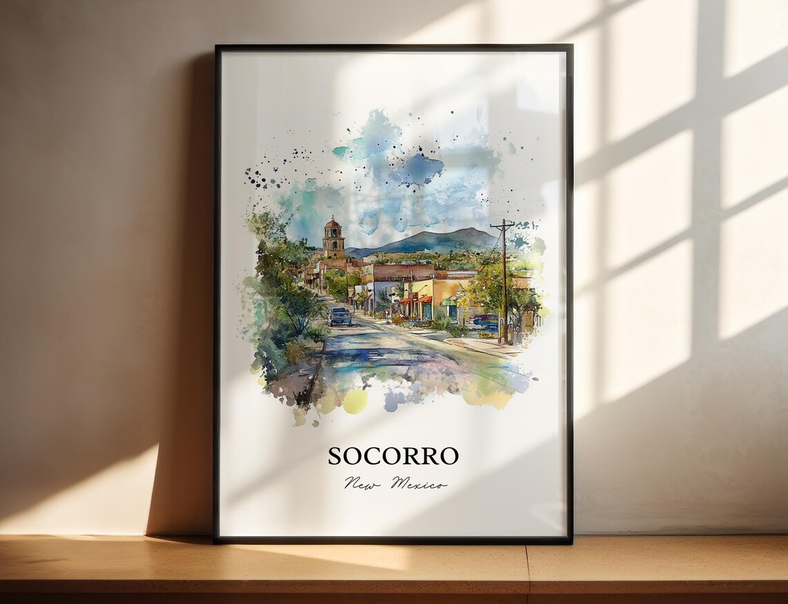 Socorro New Mexico Adobe Street Mountain Watercolor Travel Gift Poster