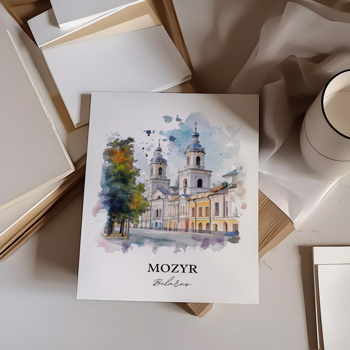 Mozyr Belarus Domed Church Over the Old Town Watercolor Poster - Image 2