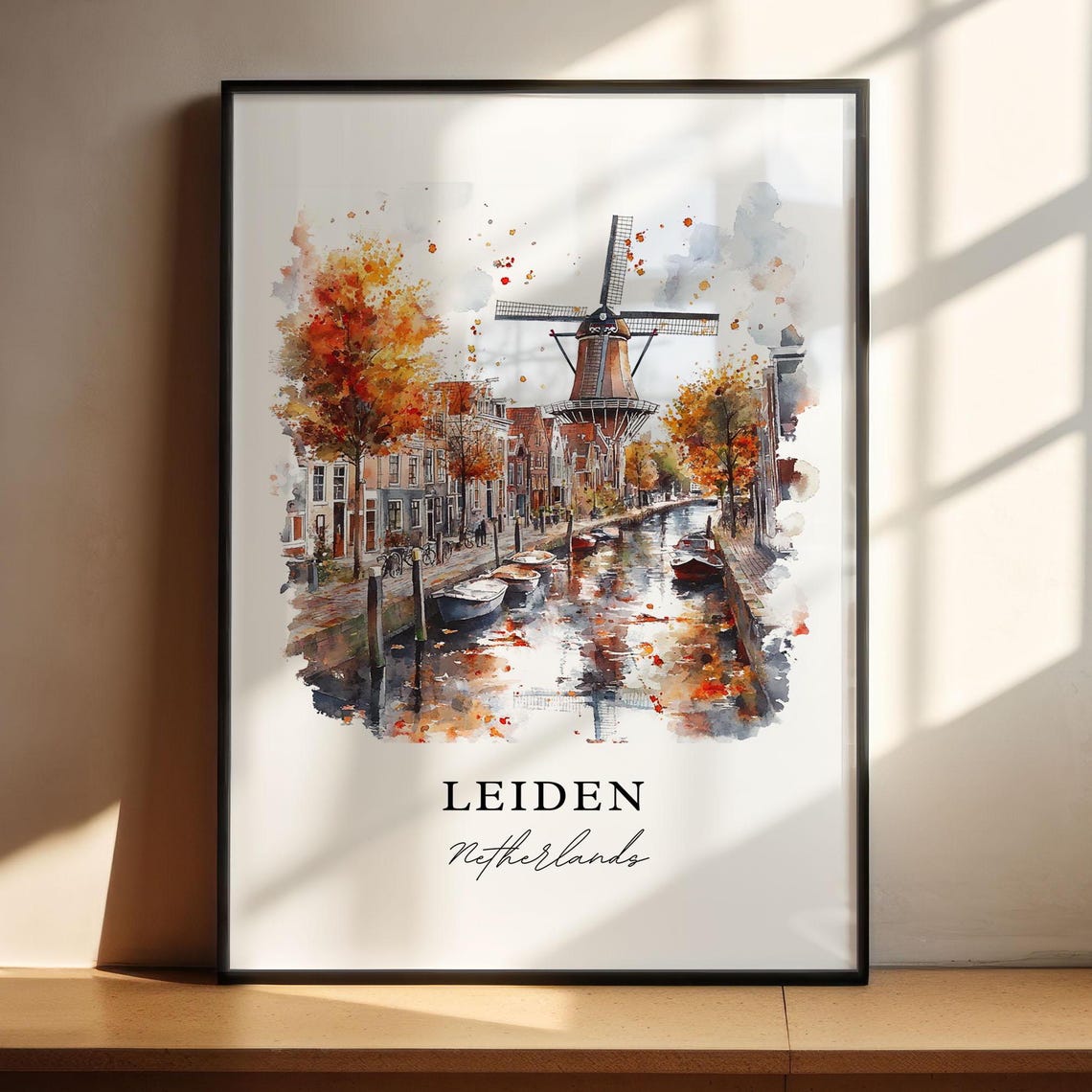 Leiden Netherlands Canal Windmill Autumn Watercolor City Poster - Image 4