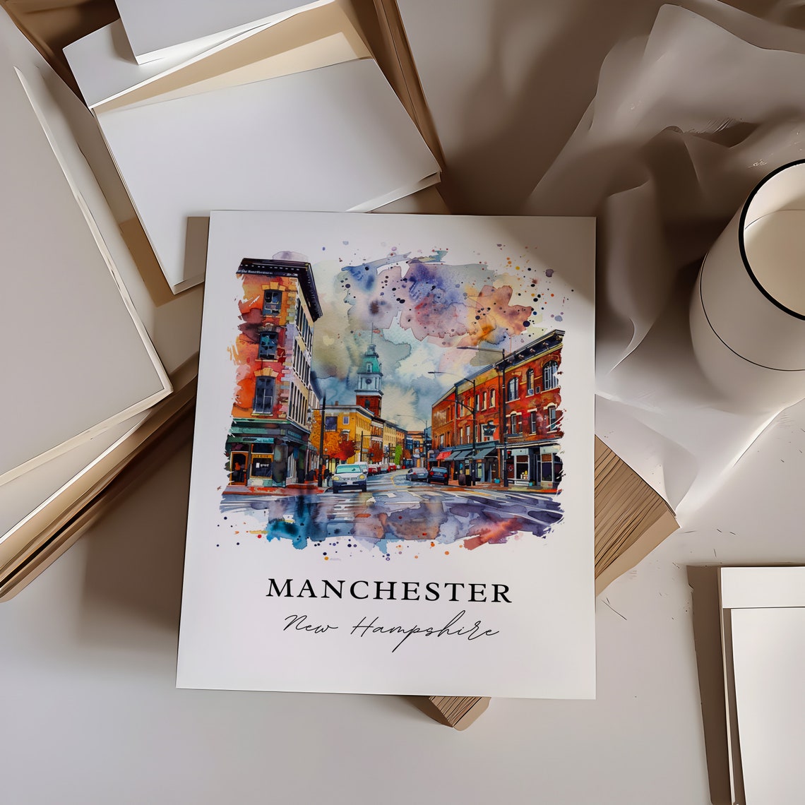 Manchester New Hampshire Downtown Street Watercolor City Poster - Image 6