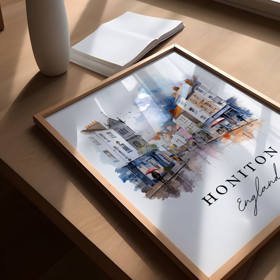 Honiton England Rainy Market Street Watercolor Town Scene Poster - Image 3