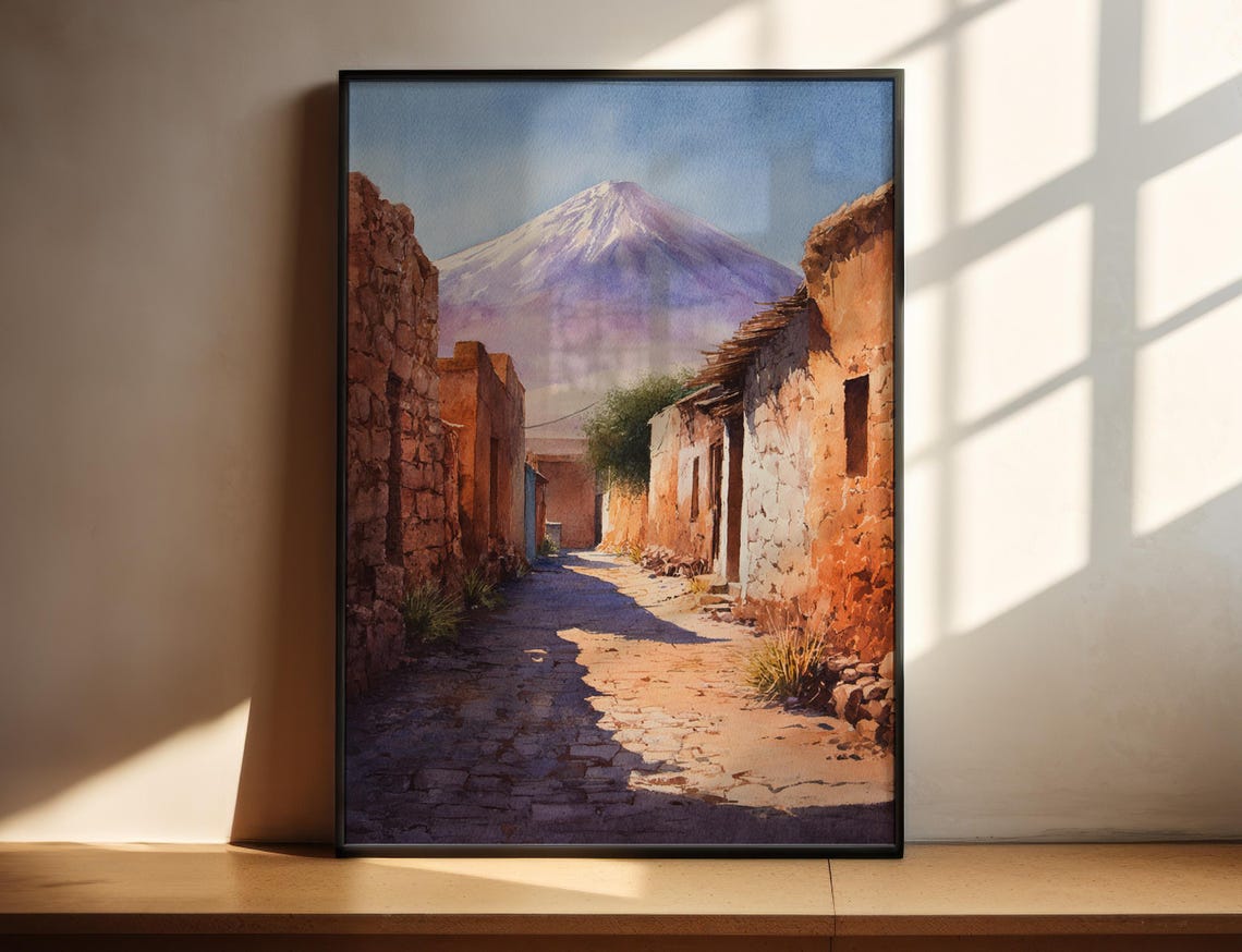 San Pedro de Atacama Chile Adobe Village Watercolor Volcano Poster