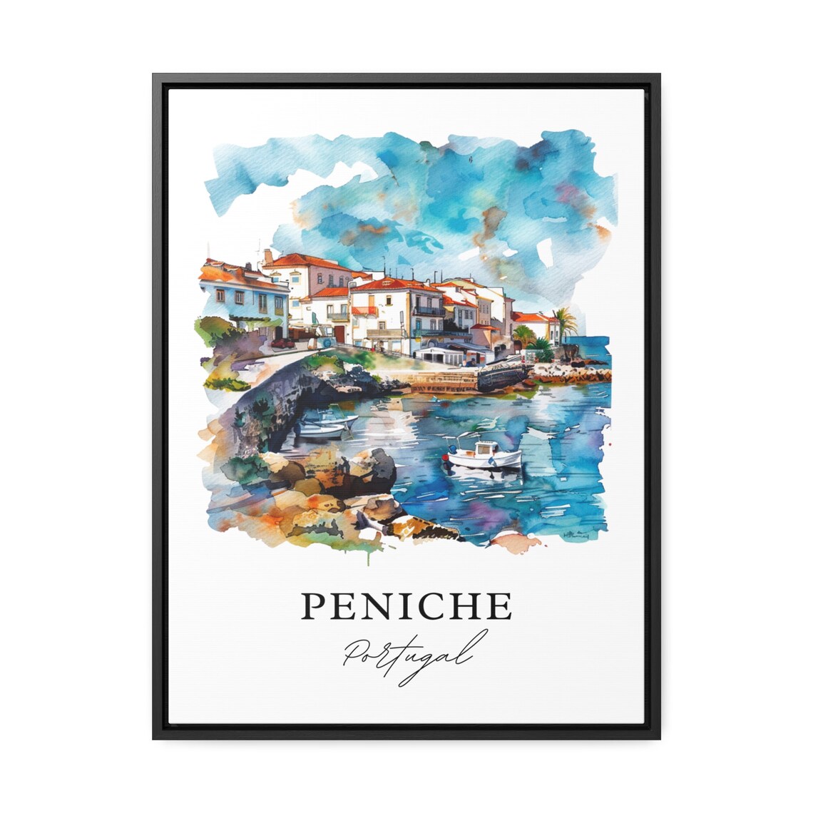 Peniche Portugal Fishing Harbor Town Watercolor Travel Poster - Image 3