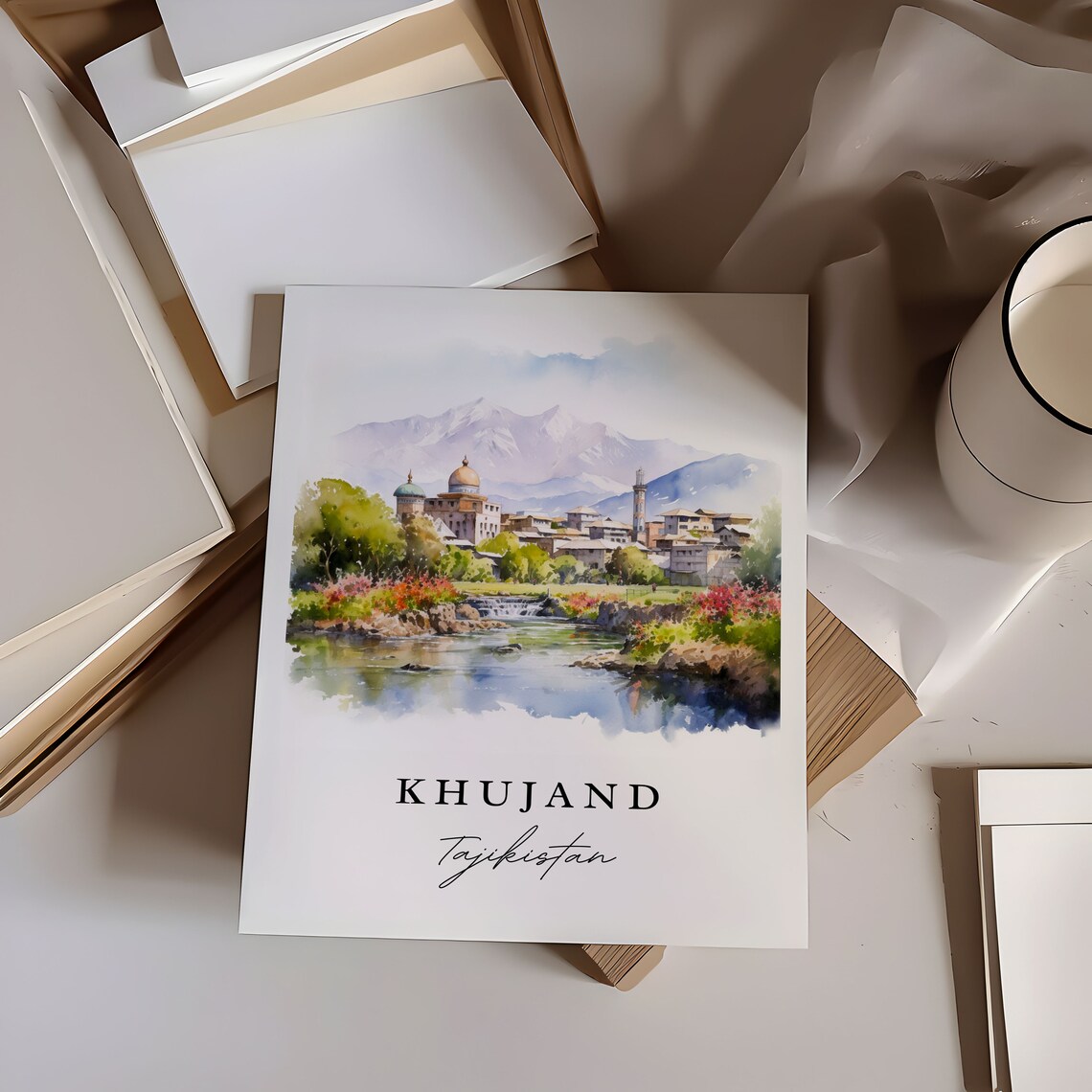 Khujand Tajikistan Riverside Old Town Watercolor Travel Art Poster - Image 6