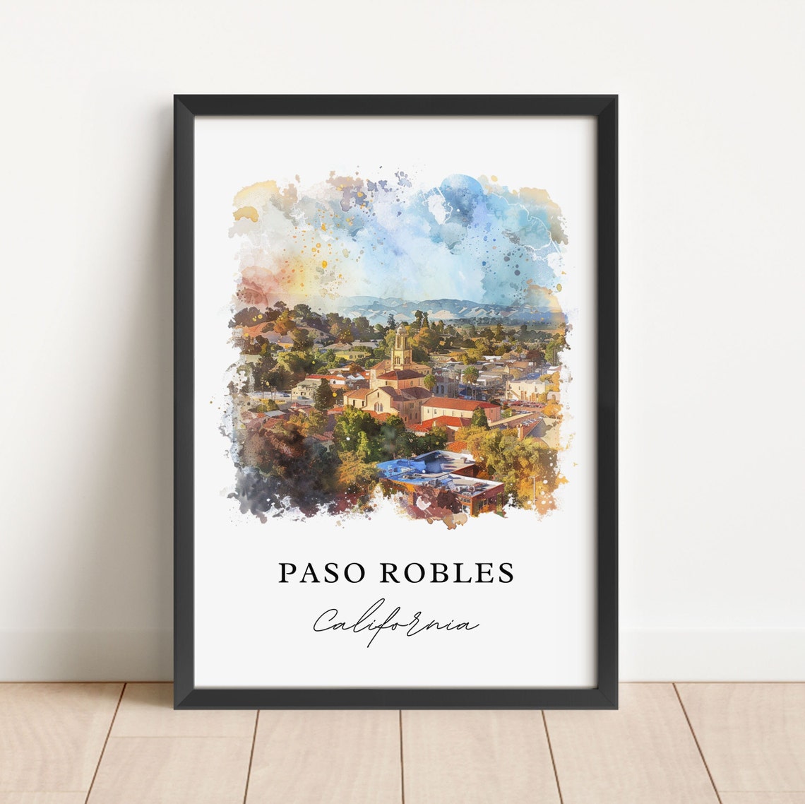 Paso Robles California Wine Town Aerial Watercolor Print Gift Art