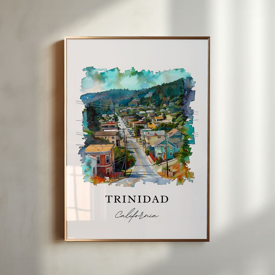 Trinidad California Coastal Town Hills Watercolor Travel Poster