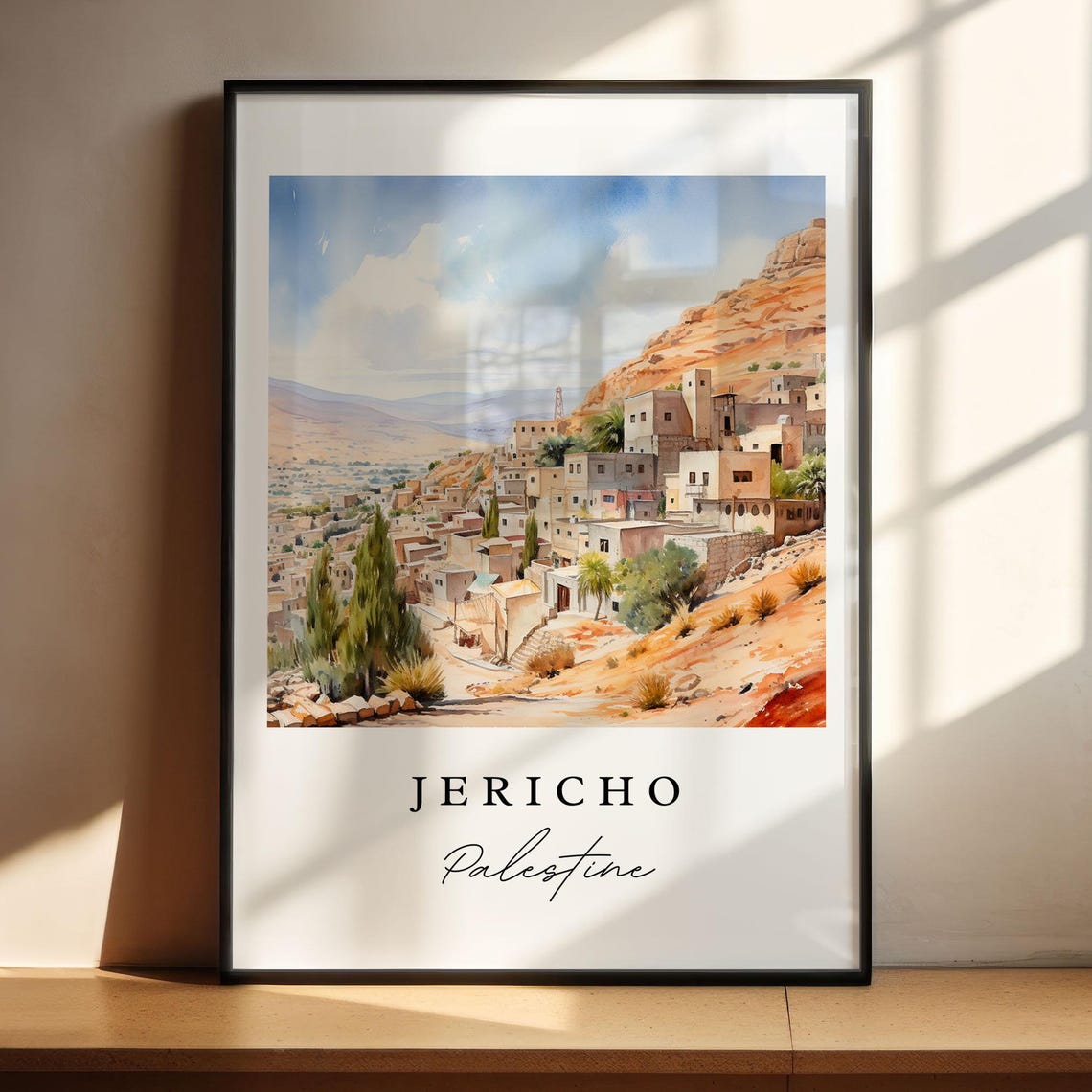Jericho Palestine Watercolor Hillside Town Desert Landscape Poster - Image 4