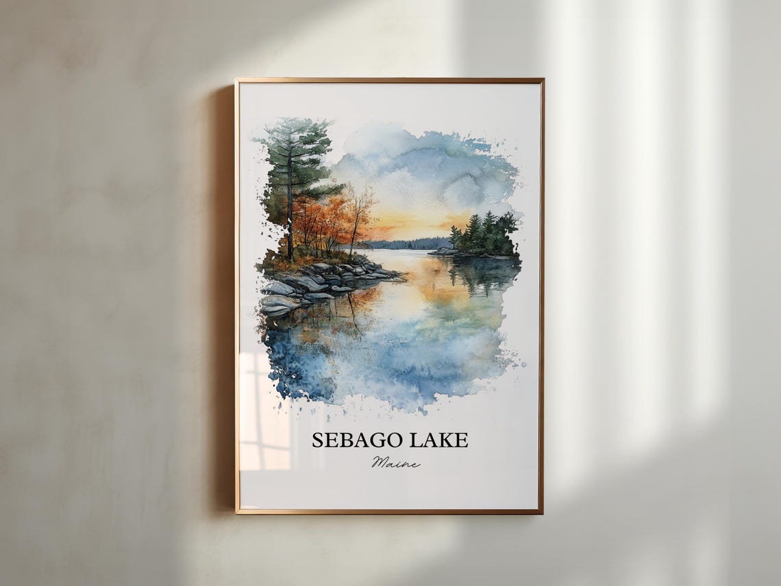 Sebago Lake Maine Autumn Sunset Reflection Watercolor Lake Poster - Image 5
