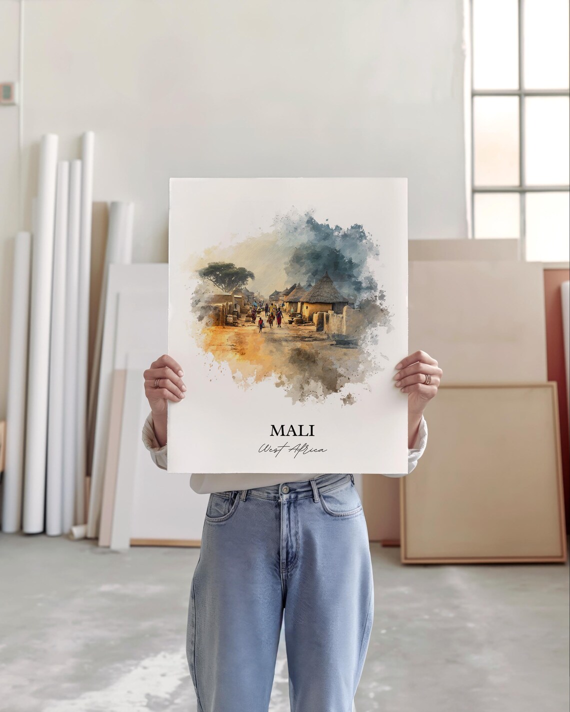 Mali West Africa Thatched Hut Village Street Watercolor Poster - Image 5