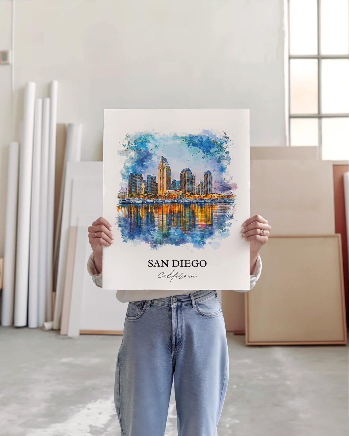 San Diego California Harbor Skyline Reflection Watercolor Poster - Image 3