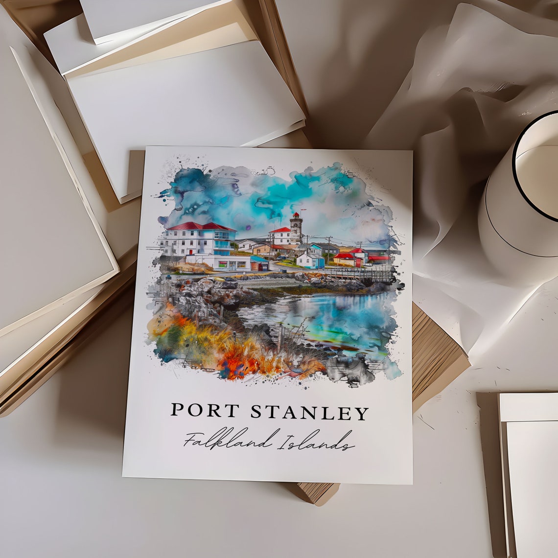 Port Stanley Falkland Islands Harbor Watercolor Travel Poster - Image 6