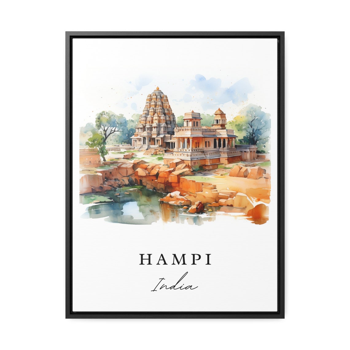 Hampi India Watercolor Ancient Stone Temple River Travel Poster - Image 3