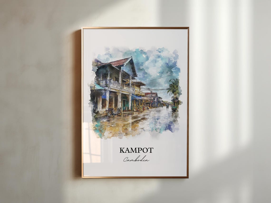 Kampot Cambodia Watercolor Colonial Shophouse Street Scene Poster - Image 4