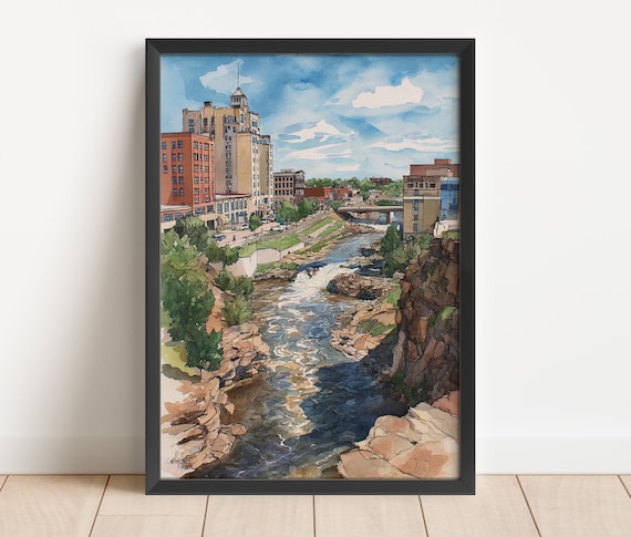 Sioux Falls South Dakota River Falls Downtown Watercolor Poster