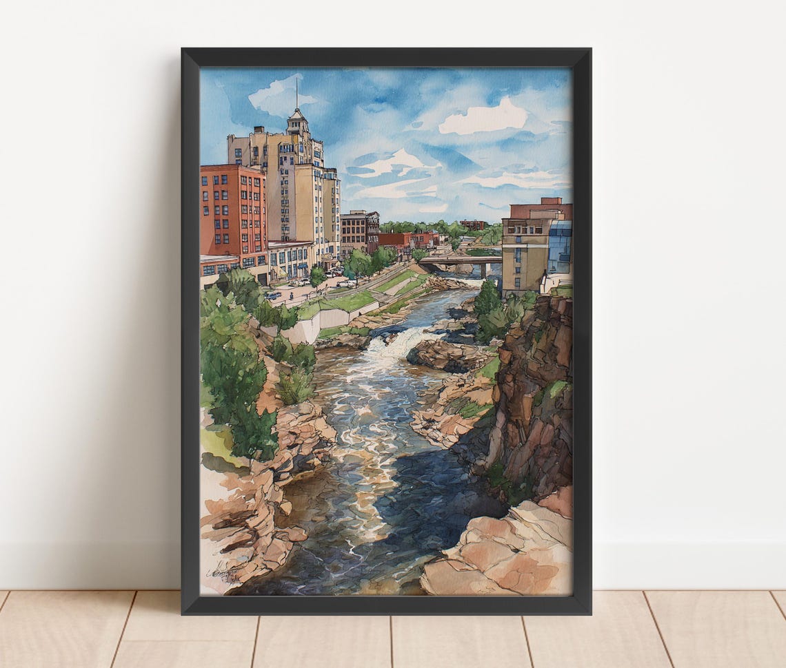 Sioux Falls South Dakota River Falls Downtown Watercolor Poster