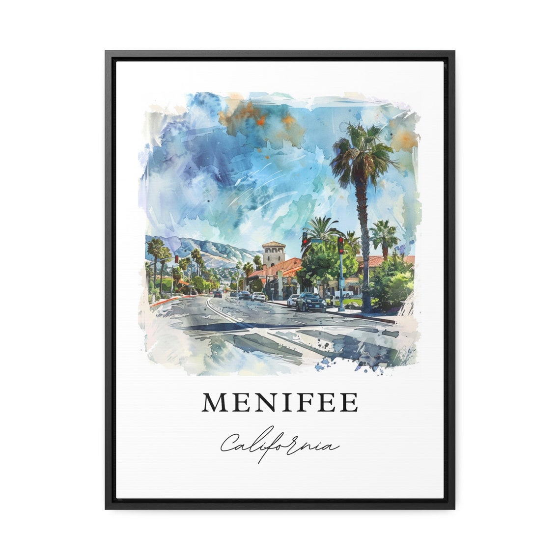Menifee California Watercolor Palm Tree Street Bell Tower Poster - Image 2