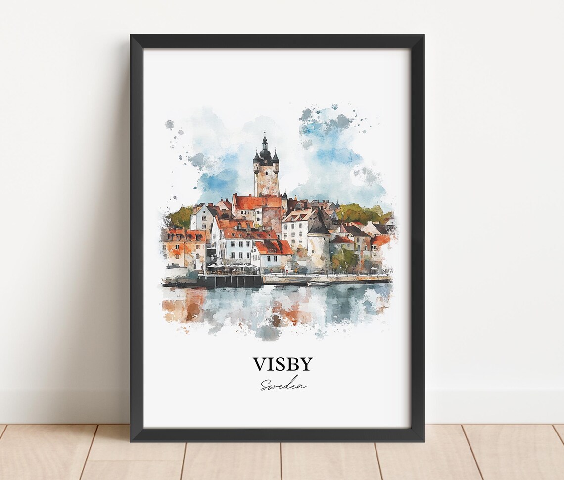 Visby Sweden Medieval Town Tower Watercolor Harbor Travel Poster - Image 2