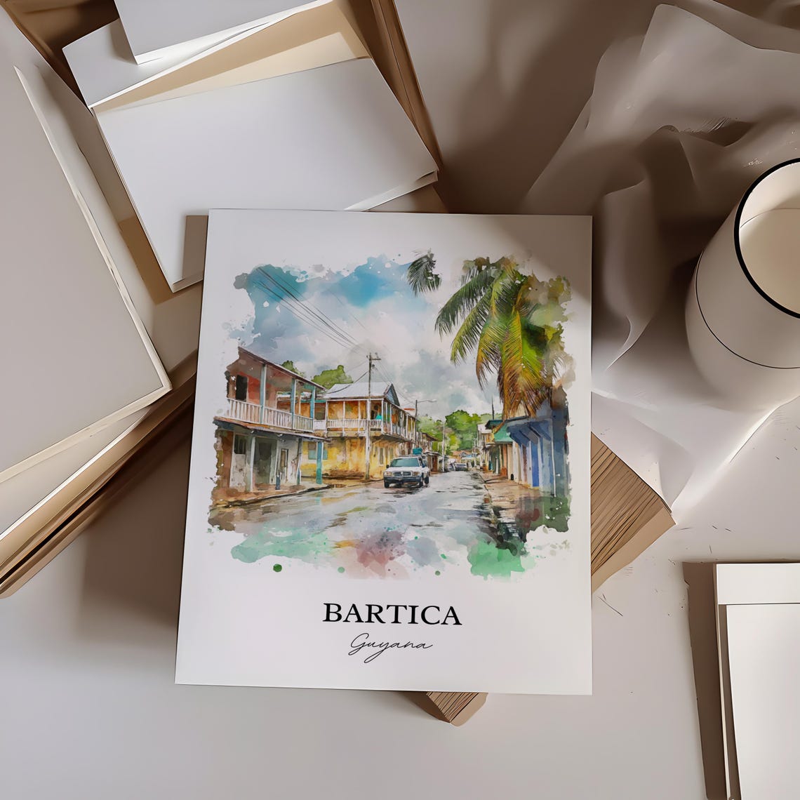 Bartica Guyana Watercolor Tropical Street Palm Houses Scenic Poster - Image 3