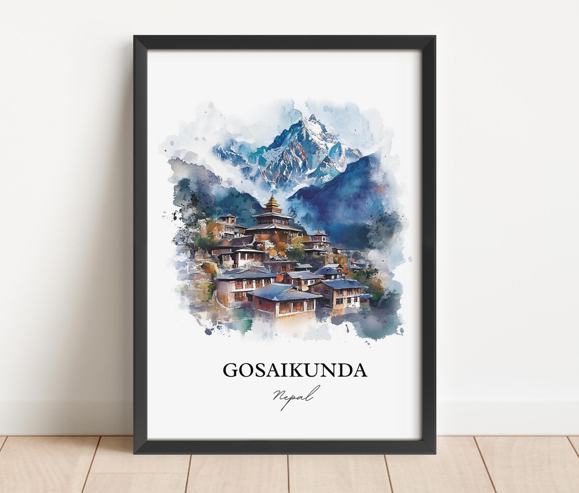 Gosaikunda Nepal Watercolor Snow Peak Mountain Village Travel Poster - Image 4