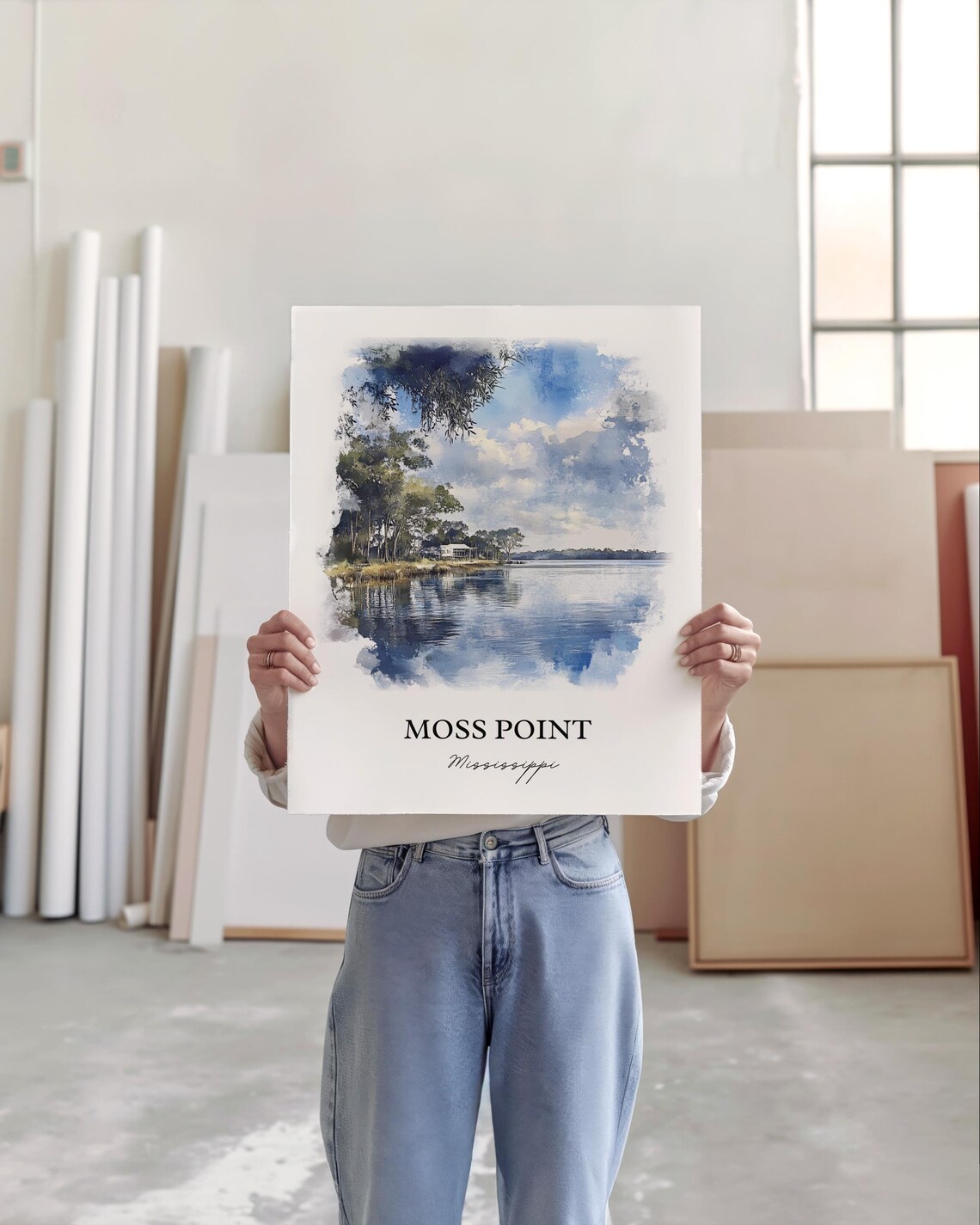 Moss Point Mississippi Calm Bay Water Trees Watercolor Art Poster - Image 2