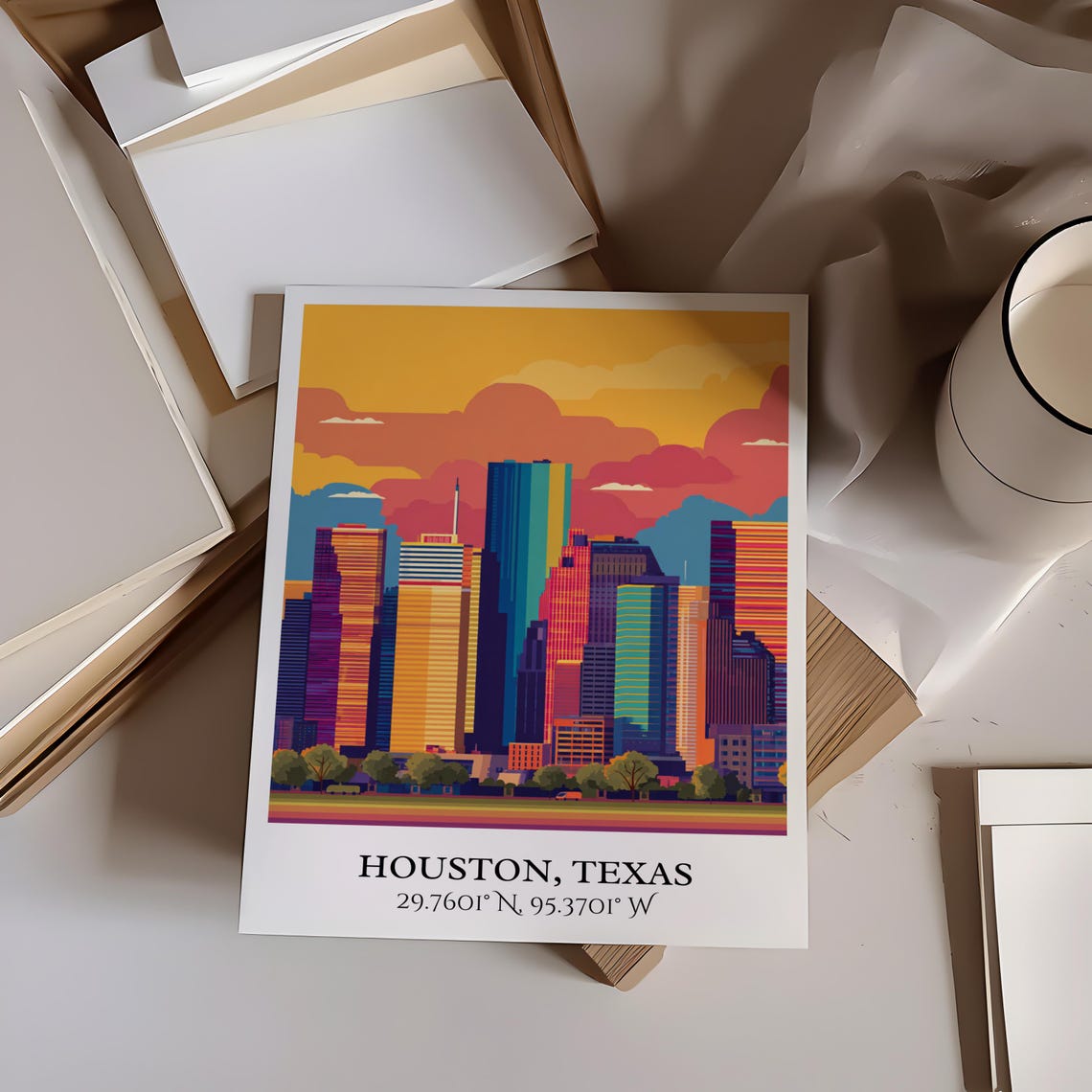Houston Texas Colorful Downtown Skyline Sunset Clouds Travel Poster - Image 4