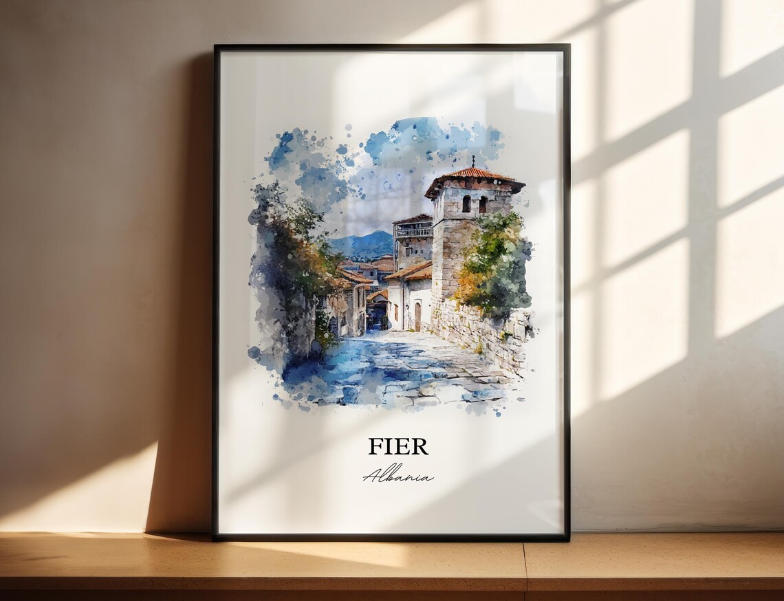 Fier Albania Old Town Stone Street Watercolor Skyline Travel Art Print