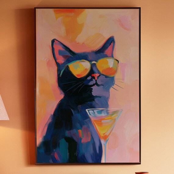 Black Cat Poster Matisse Print Cocktail Decor Eclectic Art Kitsch Aesthetic Print Maximalist Print Dopamine Decor Black Wall Art