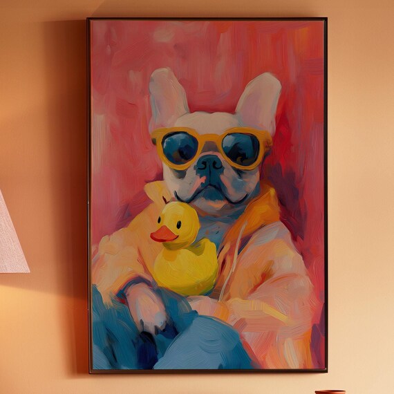 Bulldog And Duck Poster Matisse Art Dog Print Bedroom Wall Decor Kitsch Aesthetic Print Maximalist Print Dopamine Decor Pink Wall Art