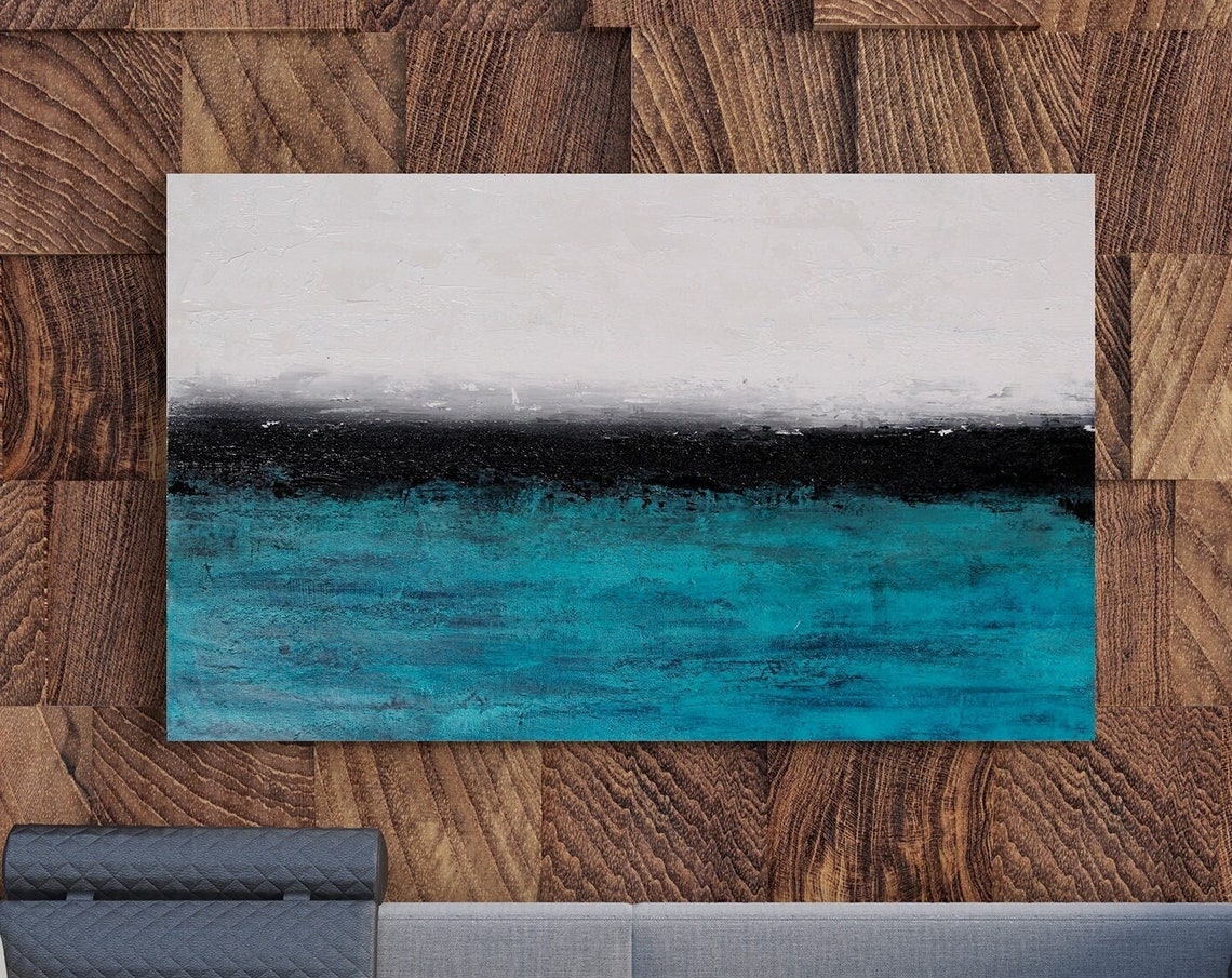 Minimalist Black White Teal Ocean Bands Abstract Art Wall Print