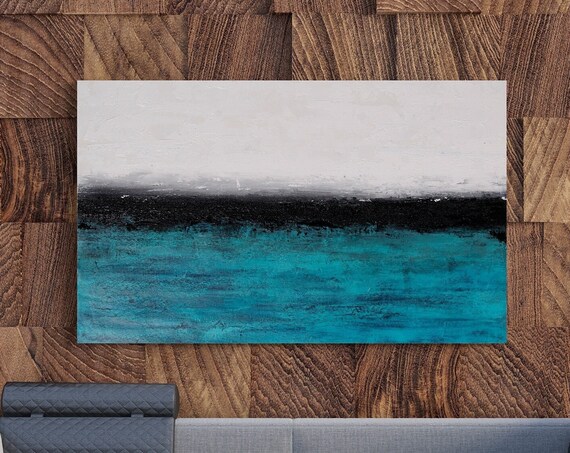 Minimalist Black White Teal Ocean Bands Abstract Art Wall Print