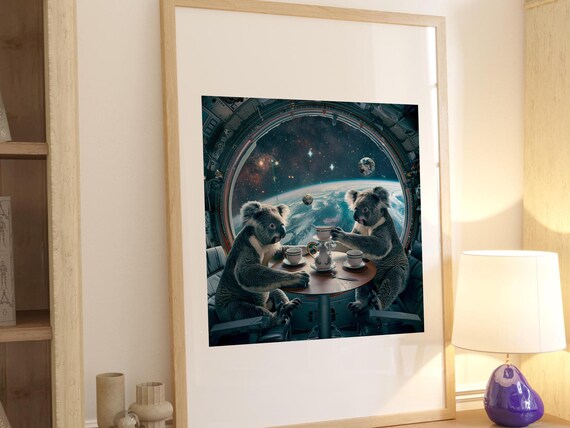Two Koalas Drinking Tea in Outer Space Whimsical Animal Poster