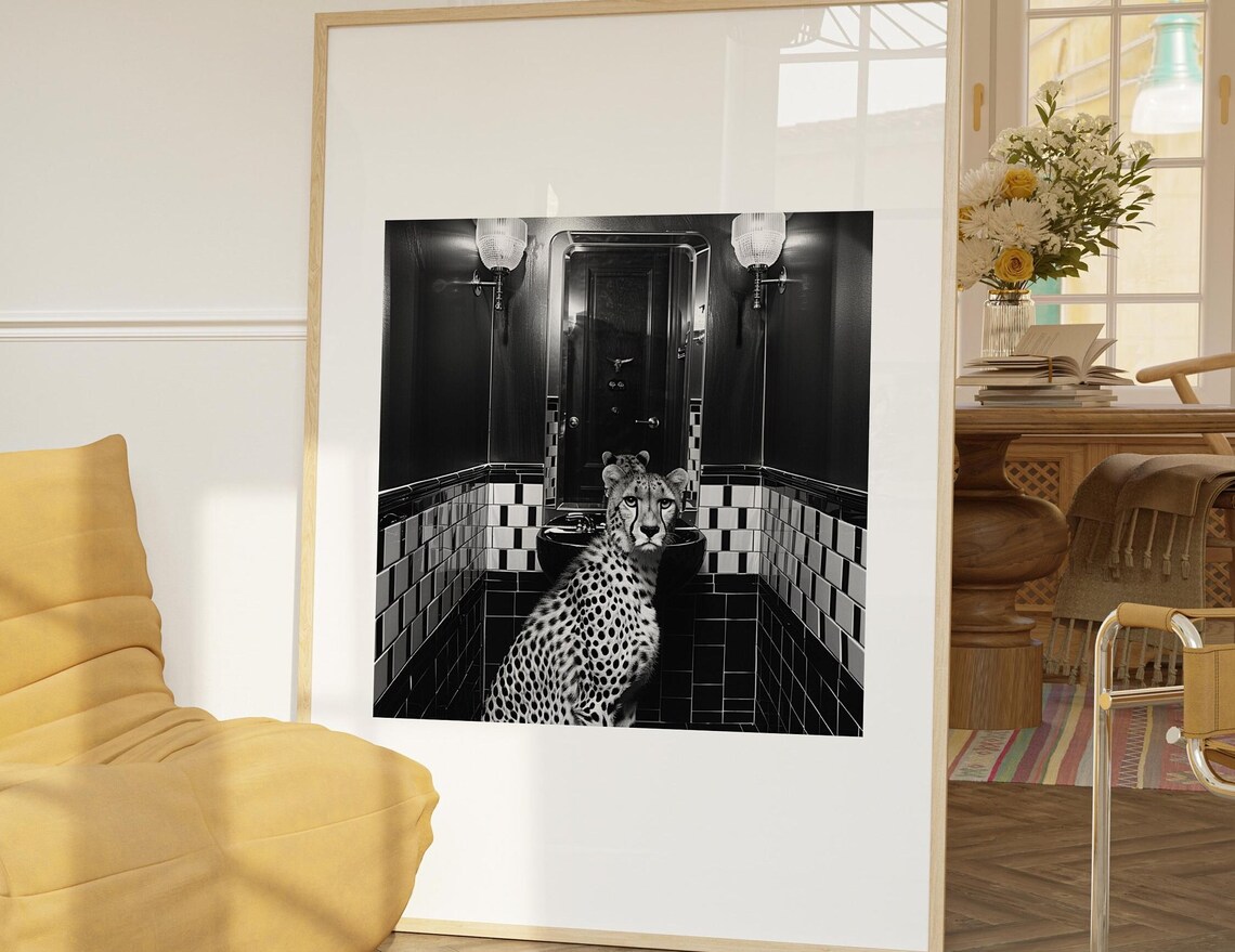 Black and White Leopard Sitting in Vintage Tiled Bathroom Photo Poster
