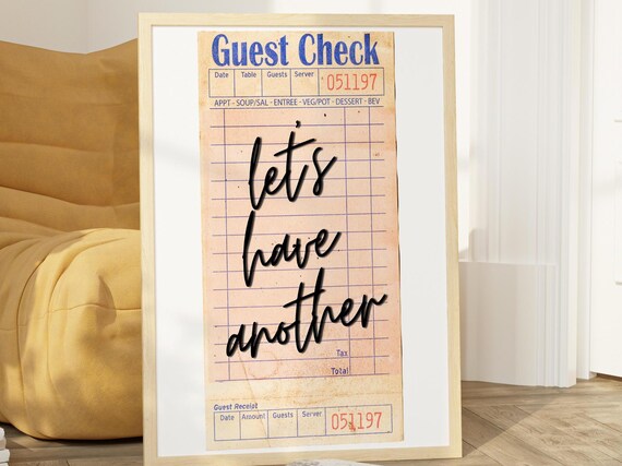 Guest Check Poster, Funky Bar Cart Decor