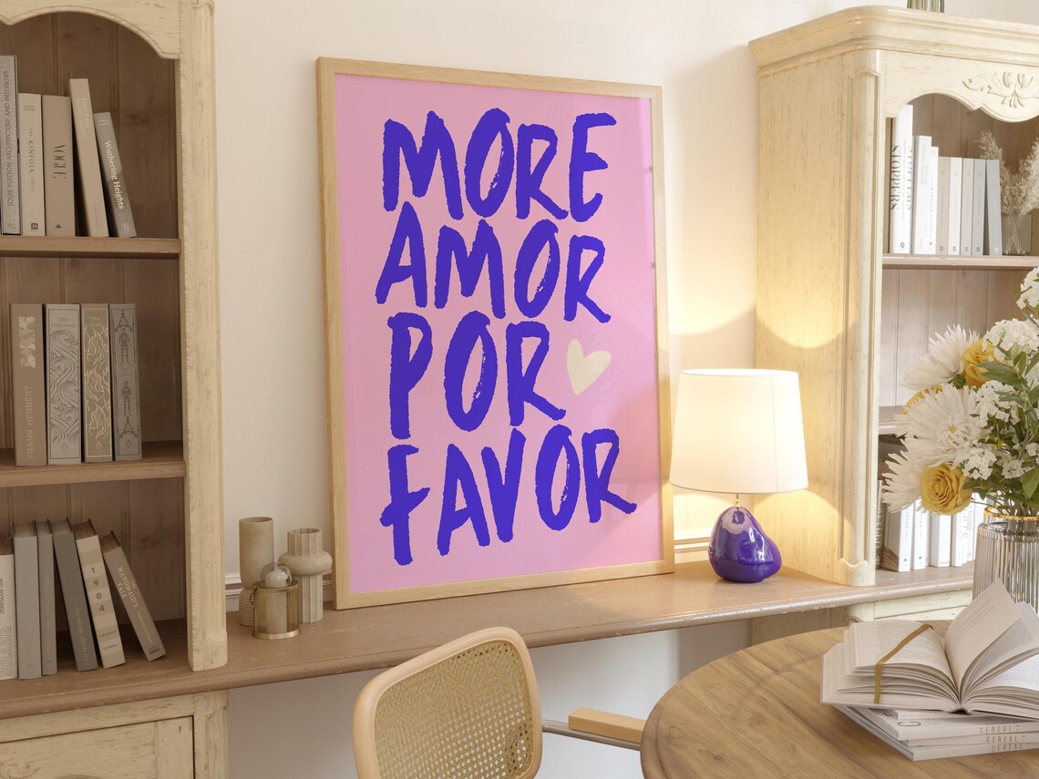 More Amor Por Favor Pink Brush Letter Love Quote Poster with Heart - Image 2