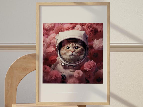 Cat Astronaut Pink Carnations Cute Space Kitten Floral Art Poster
