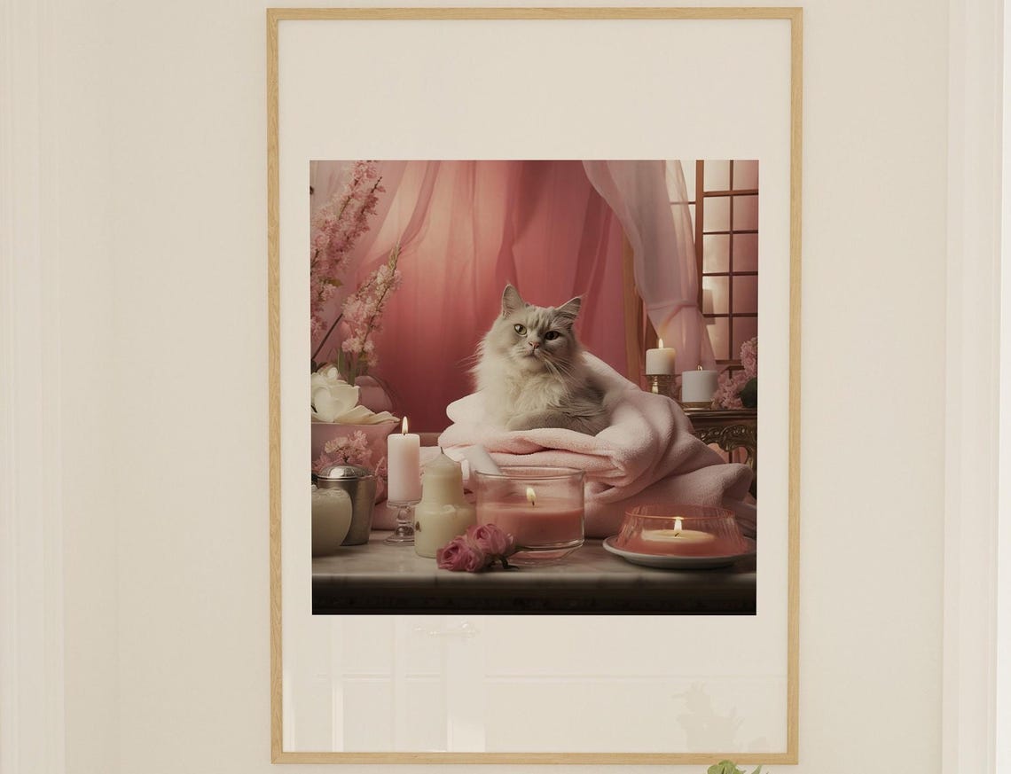 Long Haired White Cat Resting Among Lit Candles Soft Pink Poster