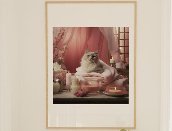 Long Haired White Cat Resting Among Lit Candles Soft Pink Poster