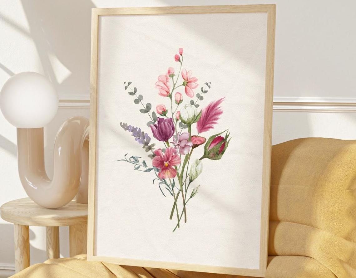 Pink Wildflower Bouquet Watercolor Botanical Minimalist Wall Art