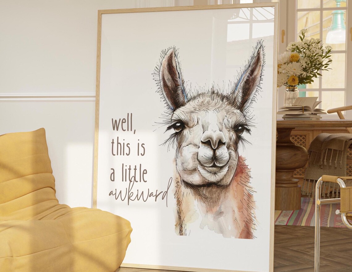 Well This Is a Little Awkward Funny Llama Watercolor Wall Poster