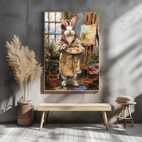 Rabbit Artist Painting Studio Whimsical Bunny Illustrator Wall Poster