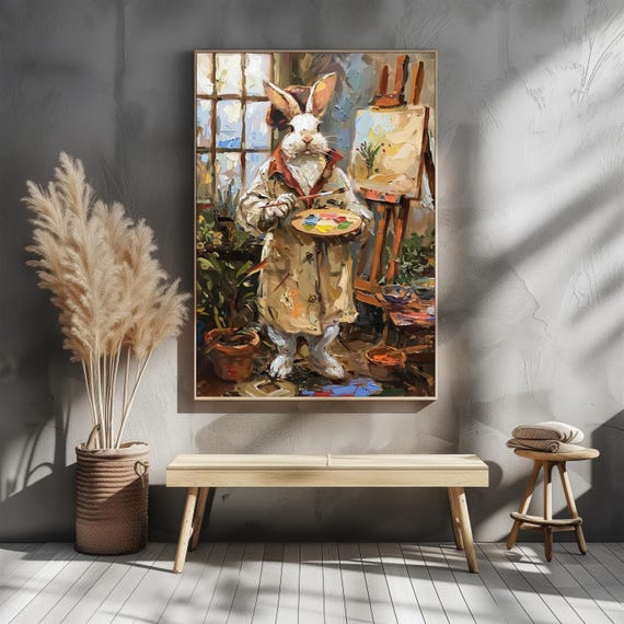 Rabbit Artist Print Matte Poster For Art Lovers Whimsical Animal Decor Painterly Illustration Nursery Wall Cute Bunny