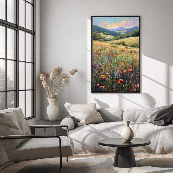 Wildflower Meadow Poppies Impressionist Country Landscape Painting Poster