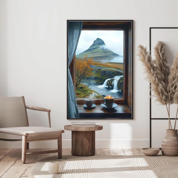 Open Window To Mountain Cabin View Poster Rustic Tranquility Wall Art Winter Landscape Decor Scenic Nature Print Cozy