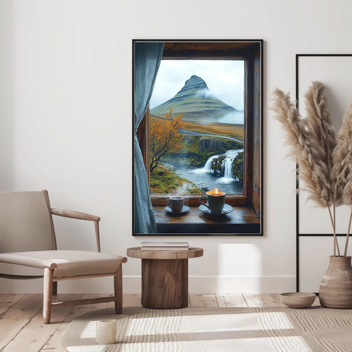 Cozy Window View Mountain Waterfall Coffee Cabin Morning Art Poster