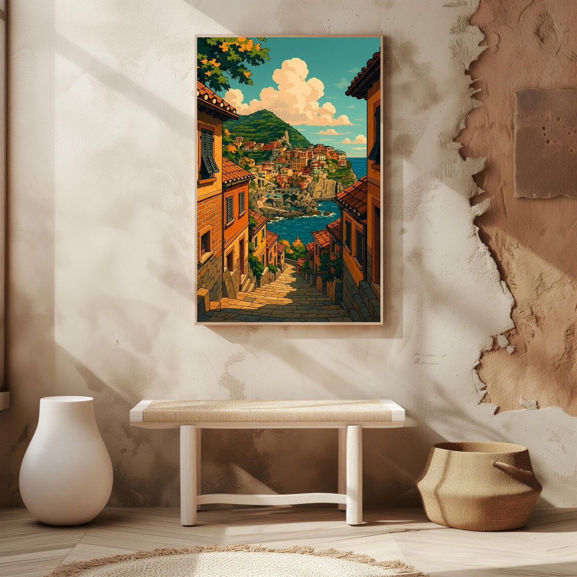 Sunlit Coastal Village Street Leading to the Sea Mediterranean Poster