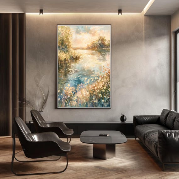 Claude Monet Style Poster Sunlit Riverbank Painting Matte Finish Nature Wall Art Peaceful Summer Morning Home Decor