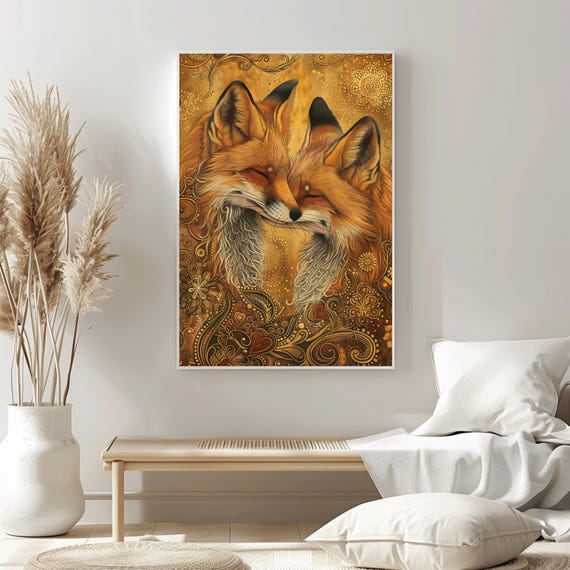 Gustave Klimt Inspired Fox Art Print Nature Wall Decor Mystic Animal Poster Warmth And Love Design Earthy Illustration