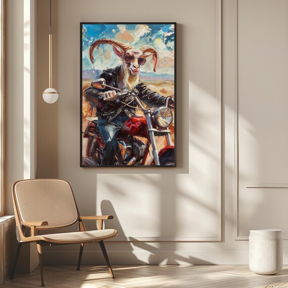 Goat Riding Motorcycle Matte Vertical Poster Rebellious Wildlife Art Print Leather Jacket Sunglasses Bold Decor Animal Lover Gift