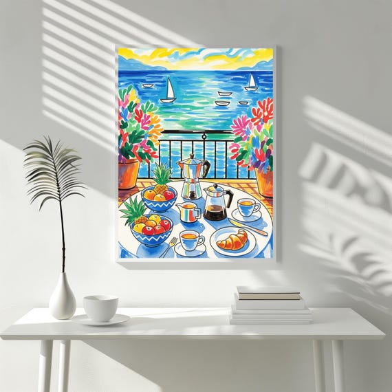 Breakfast Balcony Scene Print Henri Matisse Inspired Poster Fruit And Coffee Wall Art Colorful Kitchen Decorvibrant Morning View Picture