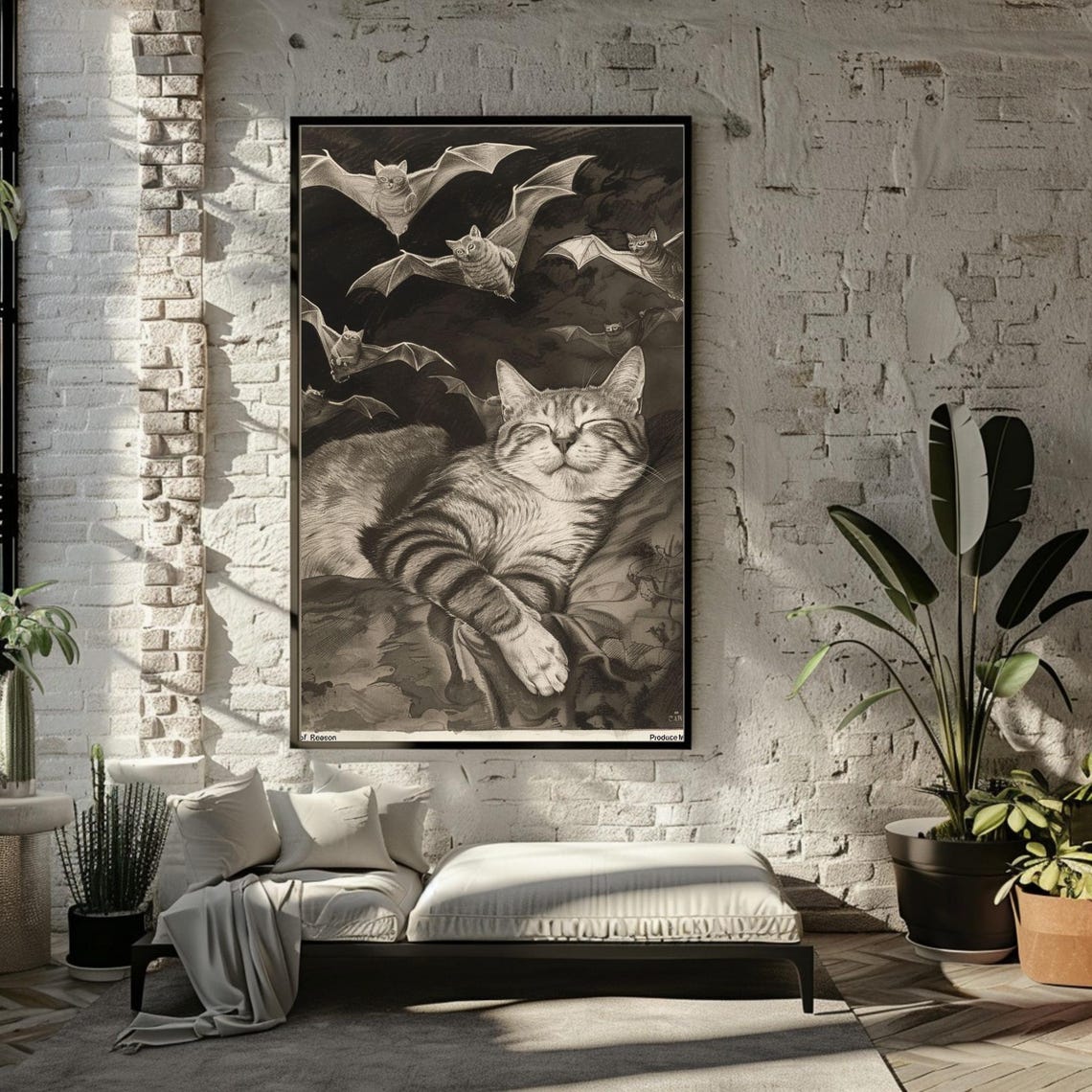 Sleeping Tabby Cat with Flying Bats Surreal Black and White Wall Art